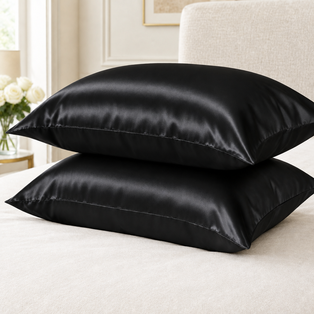 Black satin pillowcases, luxury ivory setting
