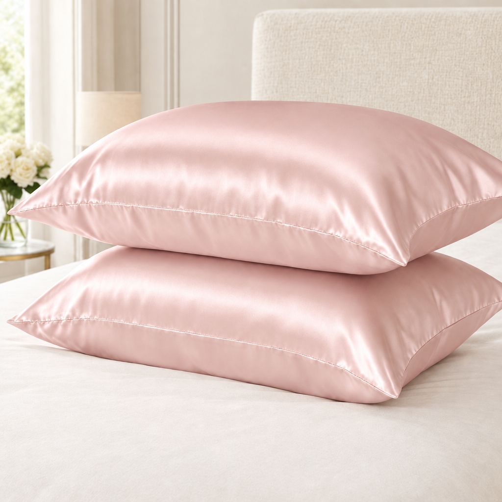Blush pink satin pillowcases, luxury ivory setting