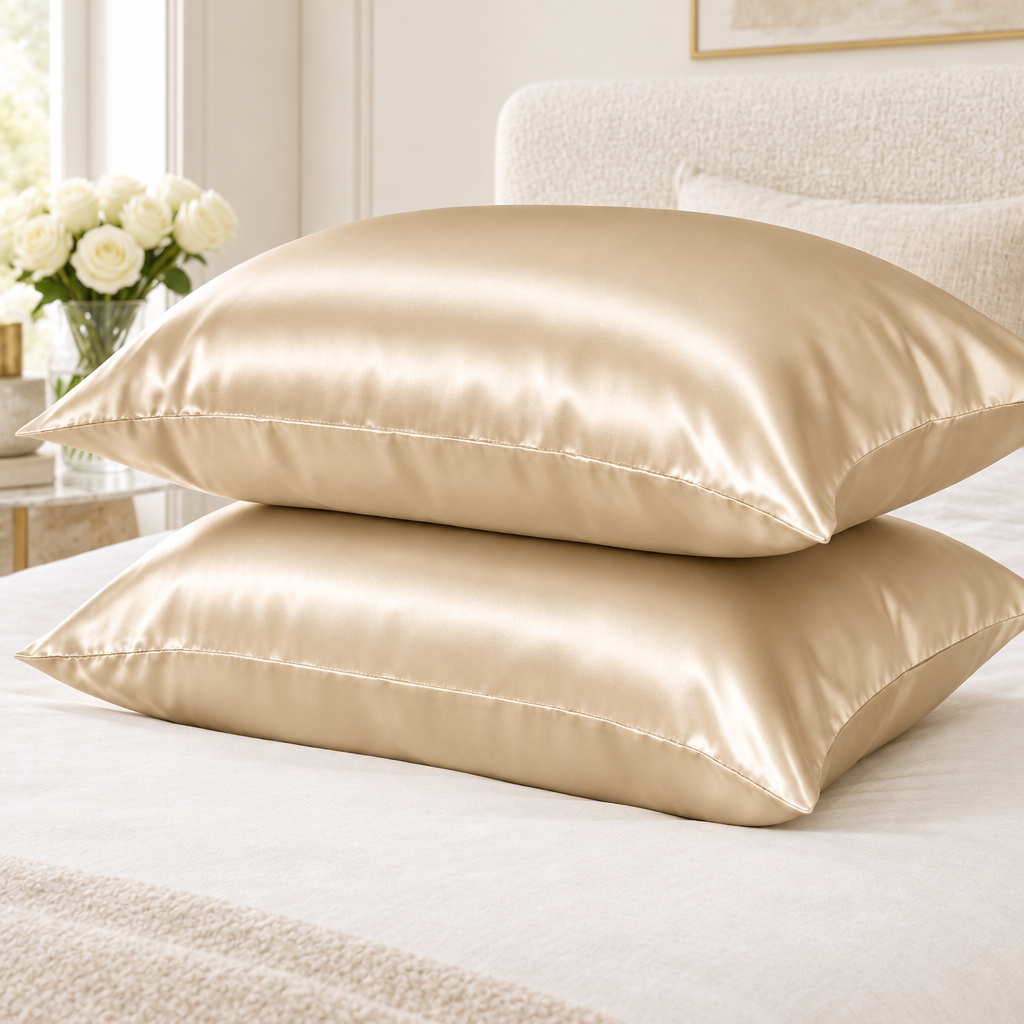 Champagne satin pillowcases, luxury ivory setting