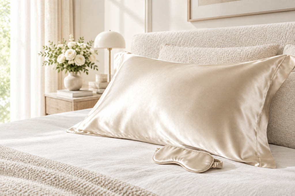 Hero photo: champagne satin pillowcase in a quiet-luxury ivory-beige bedroom