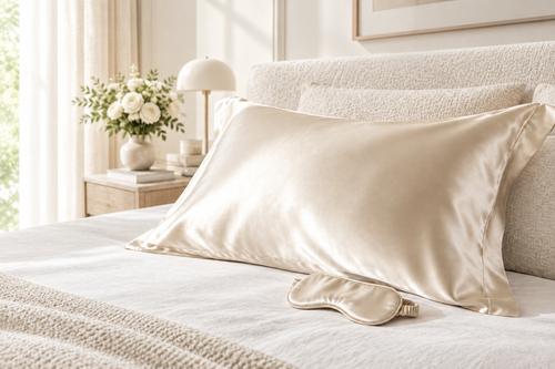 Hero photo: champagne satin pillowcase in a quiet-luxury ivory-beige bedroom