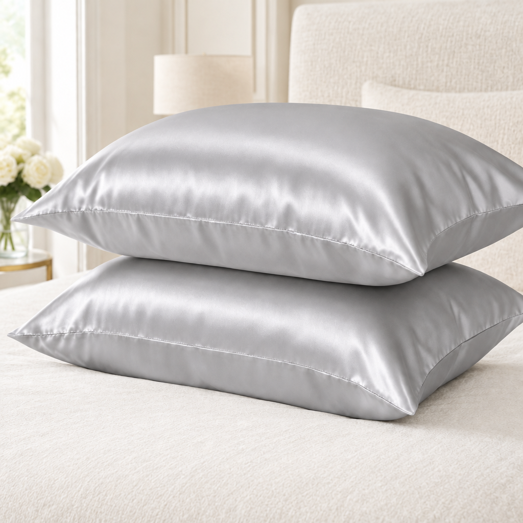 Light grey satin pillowcases, luxury ivory setting