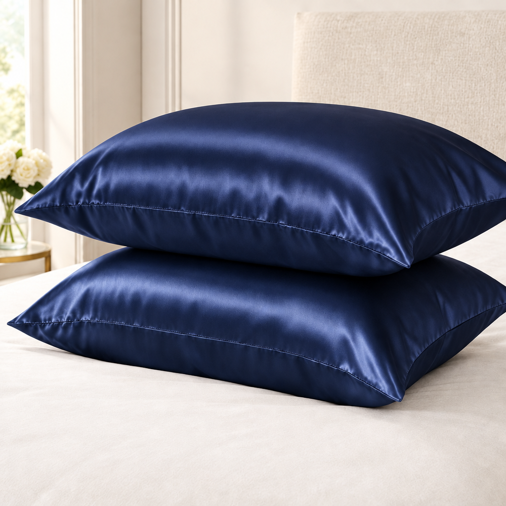 Navy blue satin pillowcases, luxury ivory setting
