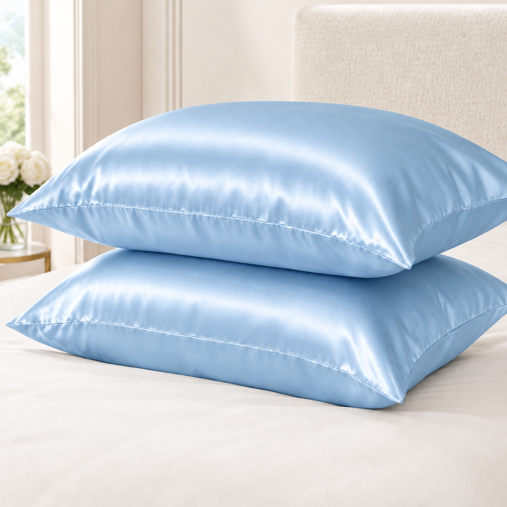 Sky blue satin pillowcases, luxury ivory setting